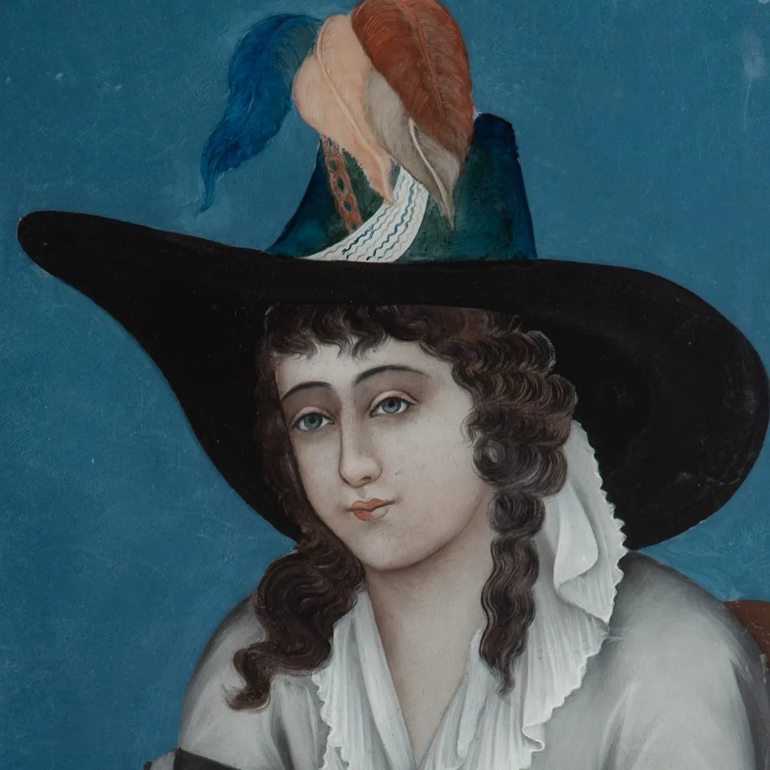 Circa 1796-1820 Chinese Export Reverse Painting on Glass of European Young Woman 19 1/4 x 13 1/2 inches