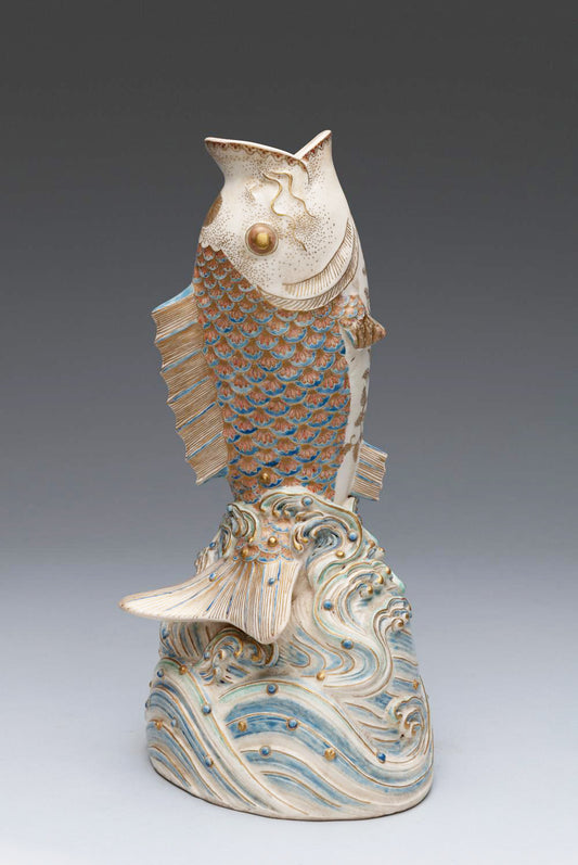 Japanese Gosu Blue Satsuma Leaping Carp Vase Meiji Period