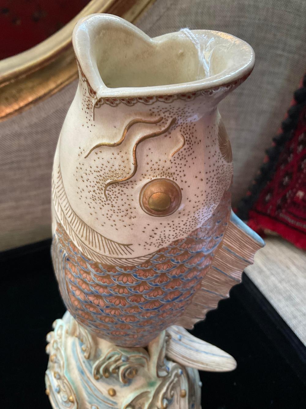 Japanese Gosu Blue Satsuma Leaping Carp Vase Meiji Period