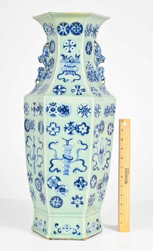 19th C Celadon Hexagonal Roundels Objects Baluster Vase Authenticated 22.75 Inches