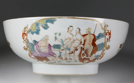 18th Century Chinese Export Famille Rose "Judgement of Paris" Punchbowl" 11 3/8 Inches in Diameter