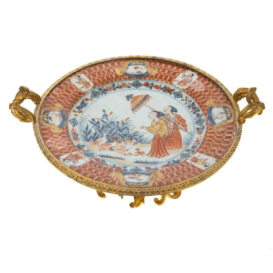 Authenticated Chinese Export 1735 Cornelis Pronk Dame Au Parasol Imari Plate Ormolu Mounts