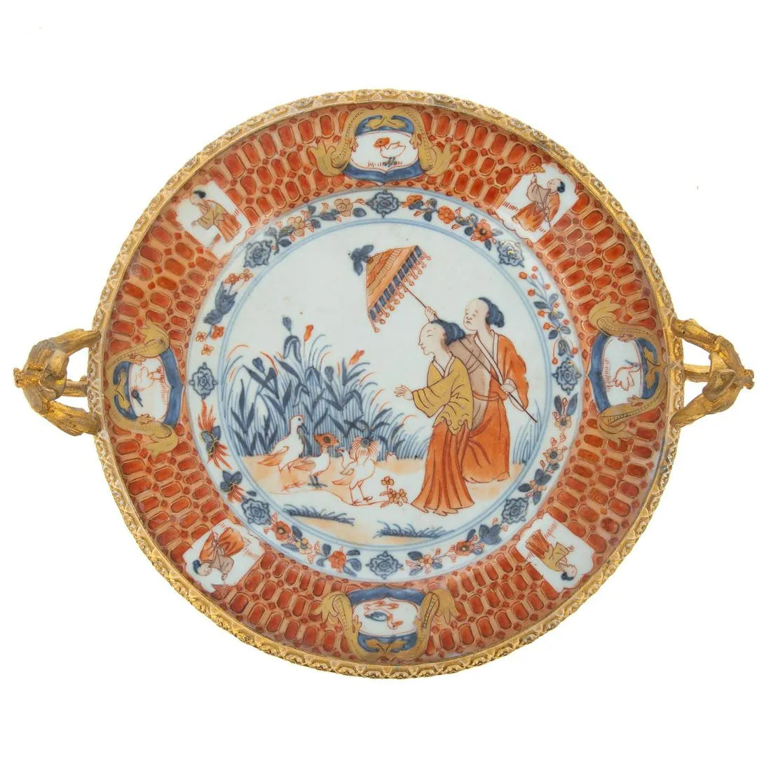 Authenticated Chinese Export 1735 Cornelis Pronk Dame Au Parasol Imari Plate Ormolu Mounts