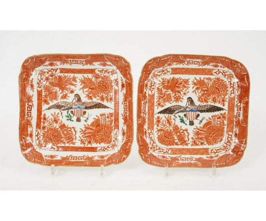 Circa 1810 Pair of Chinese Export Orange Fitzhugh American Eagle Square Plates