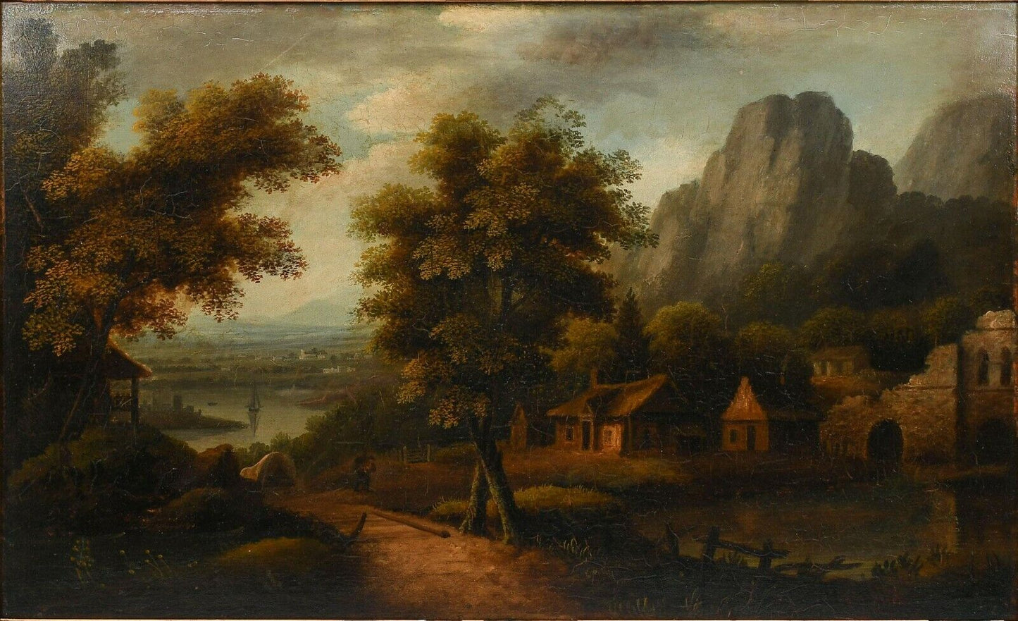 19th Century Mountain Valley Landscape Possibly Hudson River Valley Oil on Board