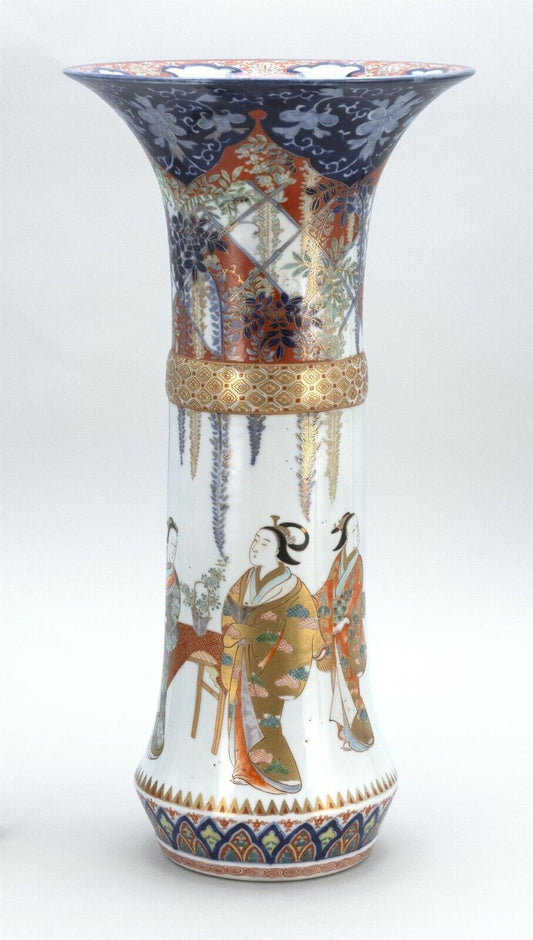 Japanese Meiji 19C Imari Porcelain Vase 21.25 Inches Ladies and Wisteria
