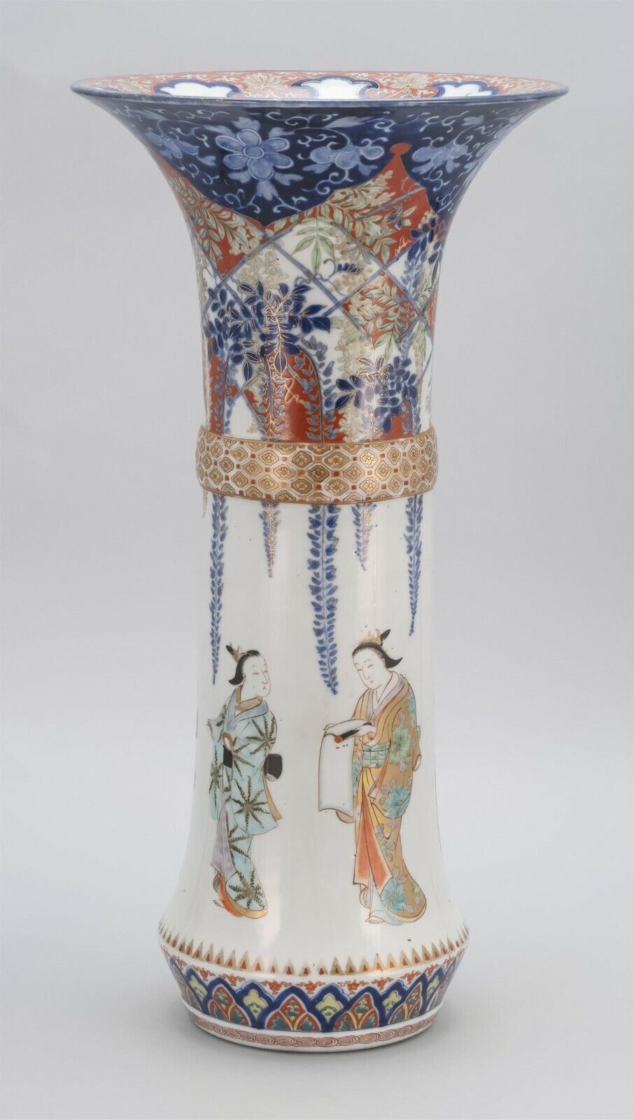 Japanese Meiji 19C Imari Porcelain Vase 21.25 Inches Ladies and Wisteria