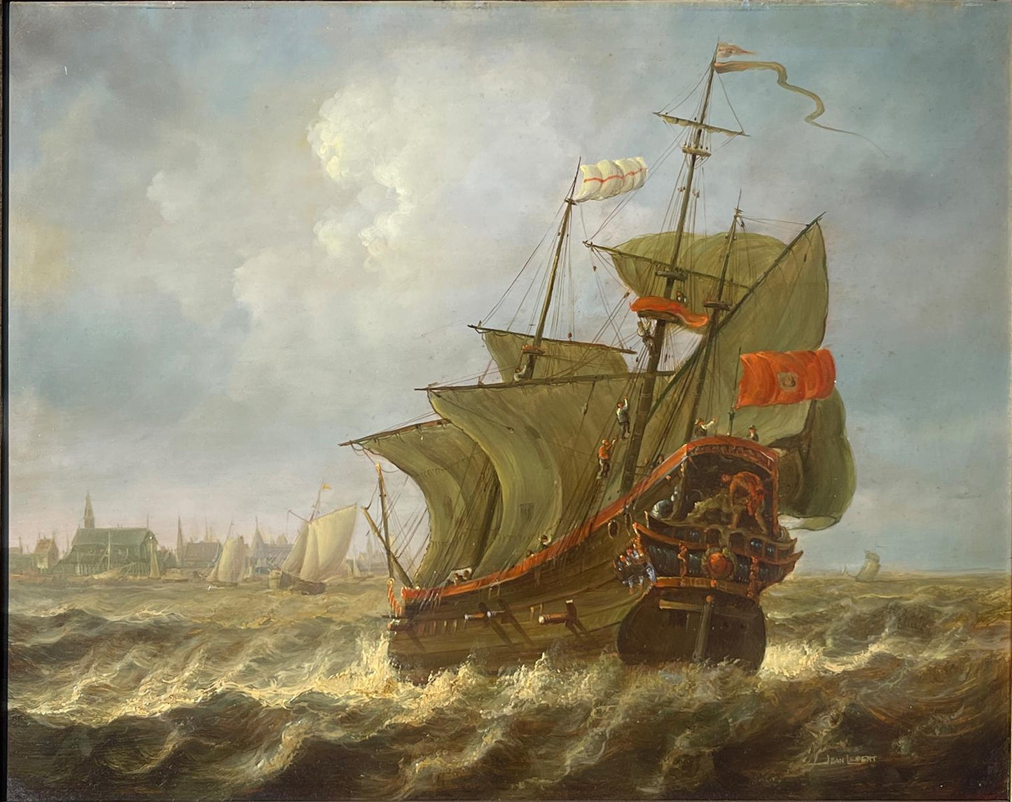 VOC Dutch Galleon Arriving at Port Signed Jean Laurent Port Oil on Panel 18 by 22 Inches