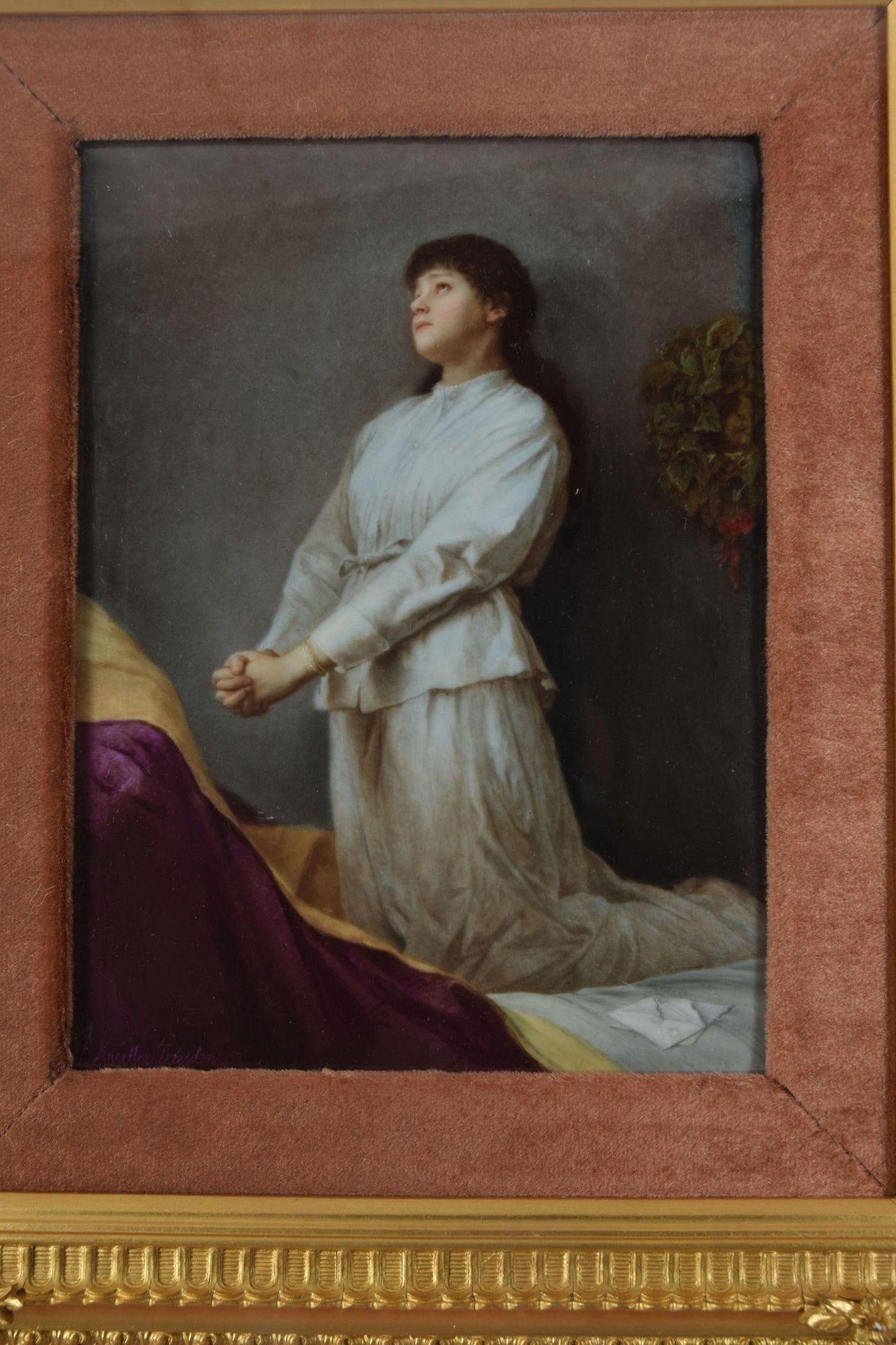 KPM Porcelain Plaque Young Girl in Prayer After Gabriel Max Signed A. Knoeller