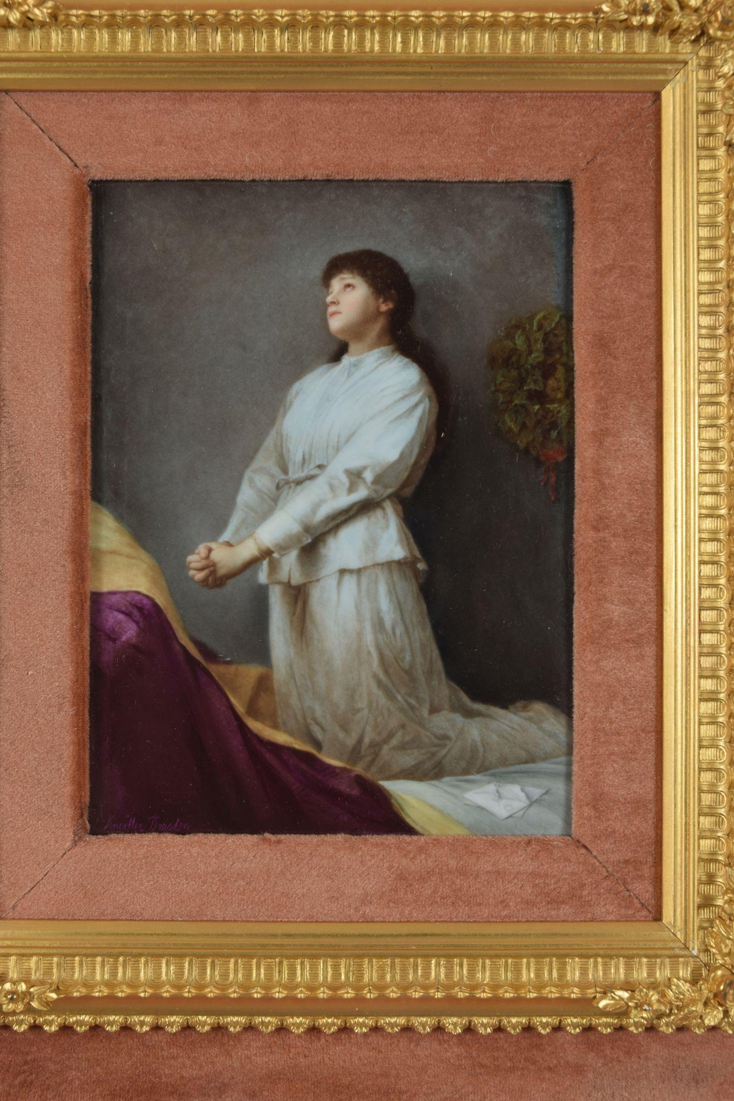 KPM Porcelain Plaque Young Girl in Prayer After Gabriel Max Signed A. Knoeller