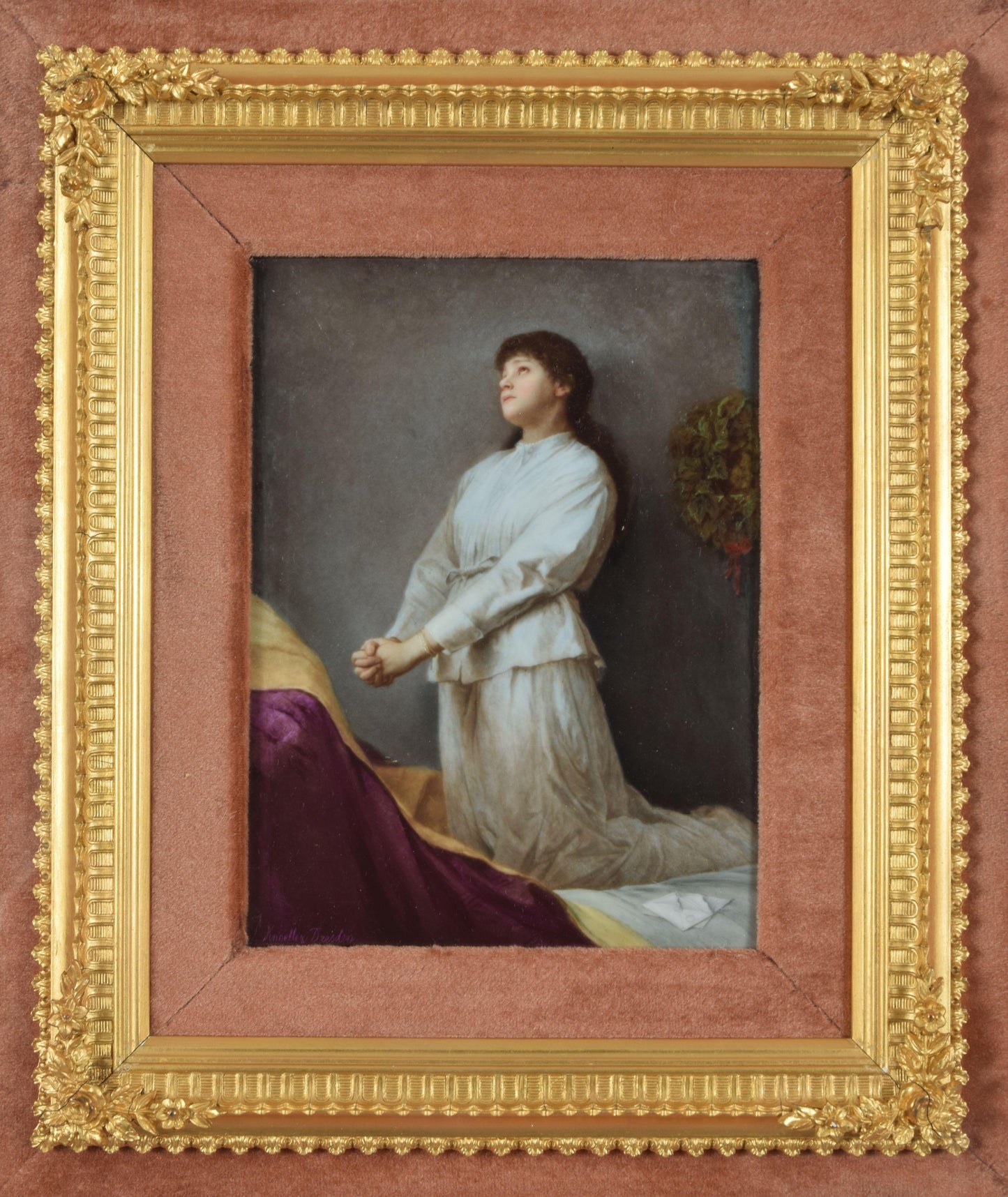 KPM Porcelain Plaque Young Girl in Prayer After Gabriel Max Signed A. Knoeller