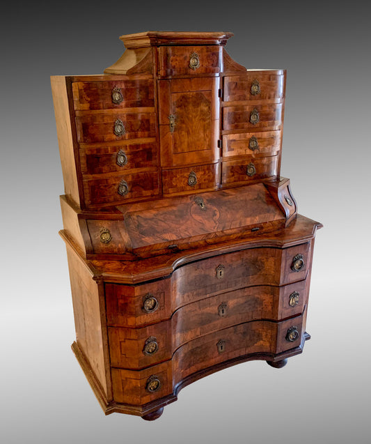 18 C AUSTRIAN NEOCLASSICAL BURL WALNUT PARQUETRY INLAID CABINET DESK