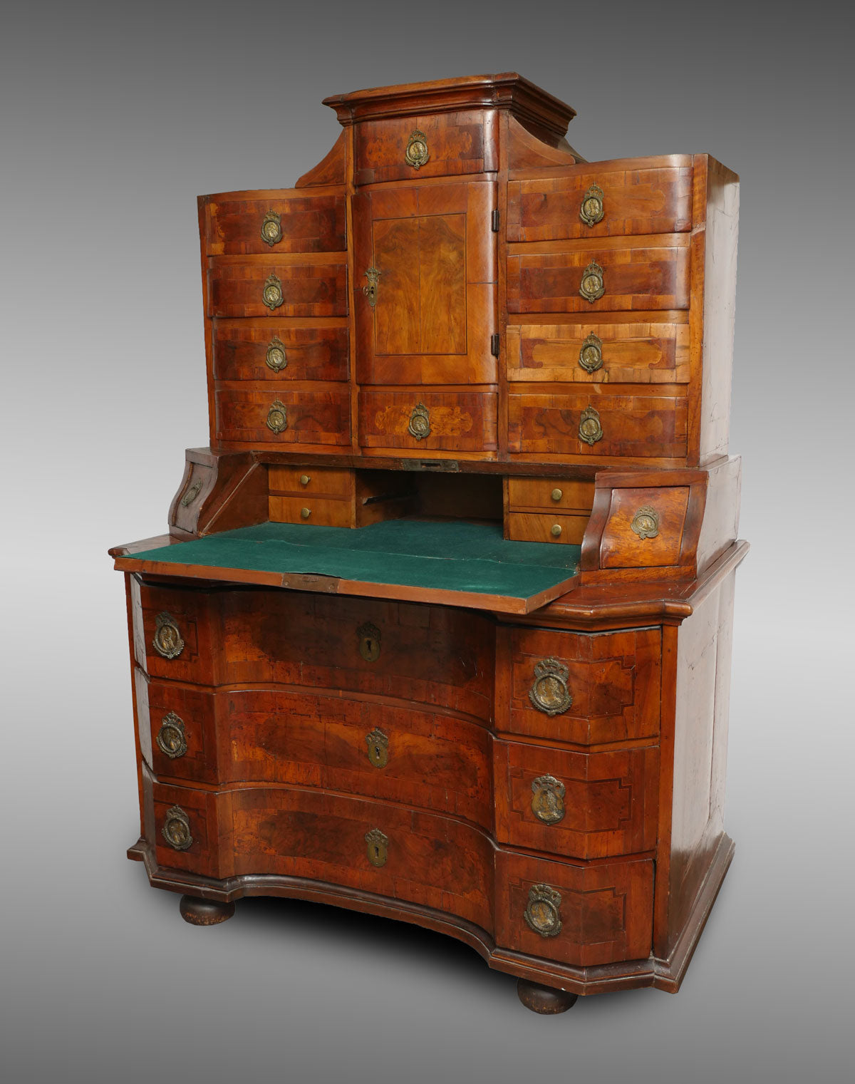 18 C AUSTRIAN NEOCLASSICAL BURL WALNUT PARQUETRY INLAID CABINET DESK