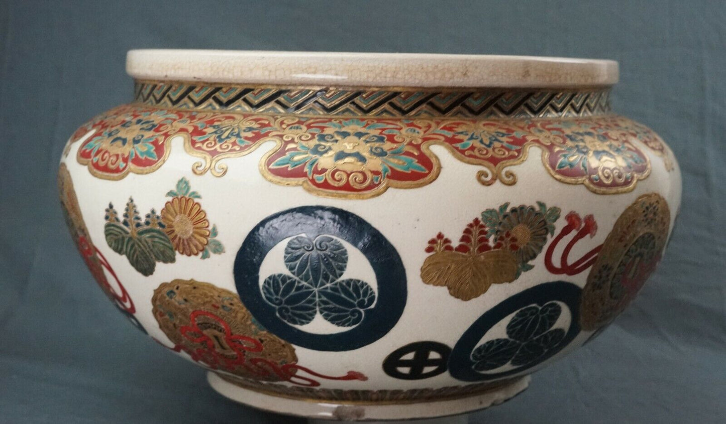Edo Imperial Satsuma Gosu Blue Jardinière Museum Quality 16 Inch Wide Signed