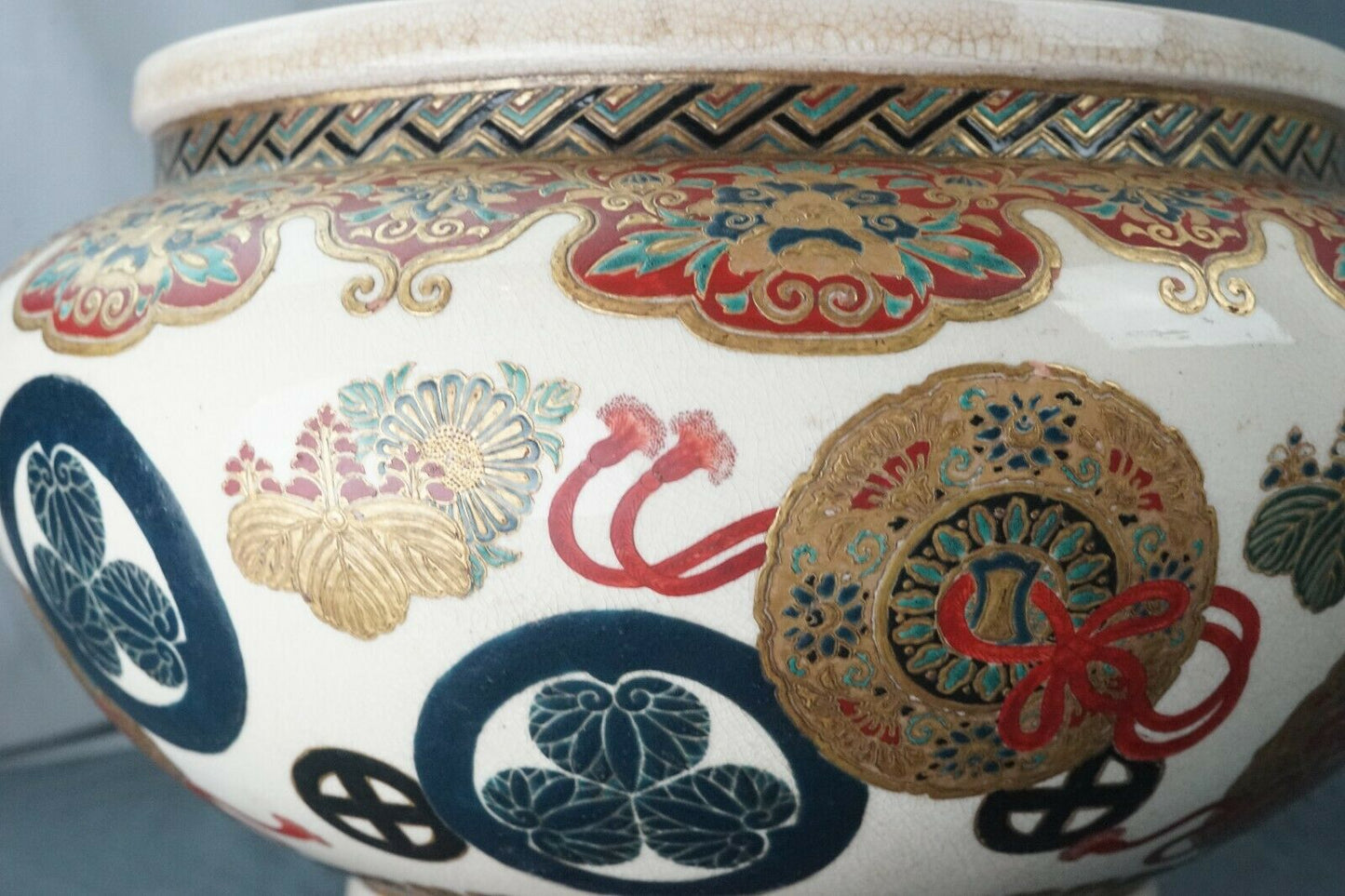 Edo Imperial Satsuma Gosu Blue Jardinière Museum Quality 16 Inch Wide Signed