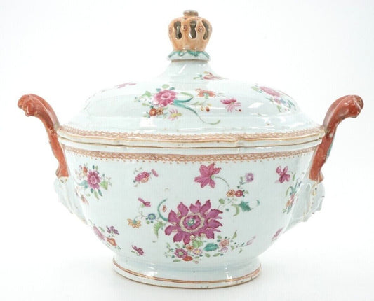 Chinese Export Famille Rose Qianlong Covered Tobacco Flower Tureen 14 3/4 Inches 1750