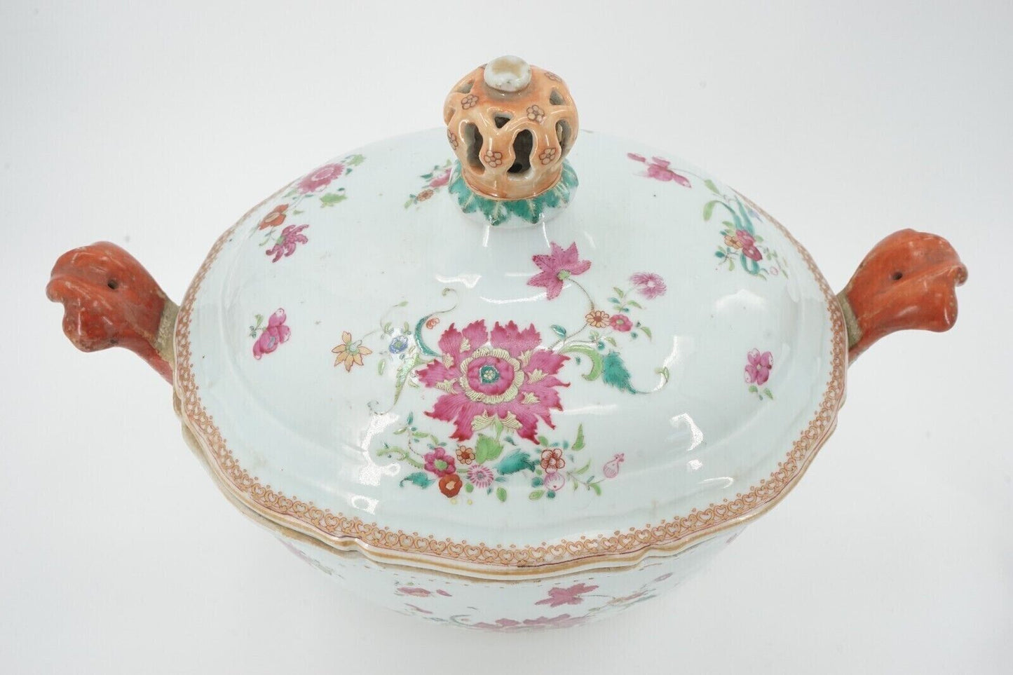 Chinese Export Famille Rose Qianlong Covered Tobacco Flower Tureen 14 3/4 Inches 1750