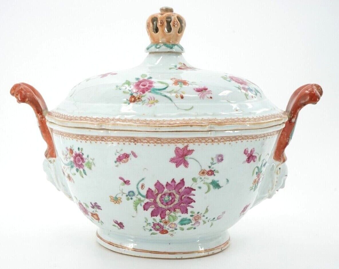 Chinese Export Famille Rose Qianlong Covered Tobacco Flower Tureen 14 3/4 Inches 1750