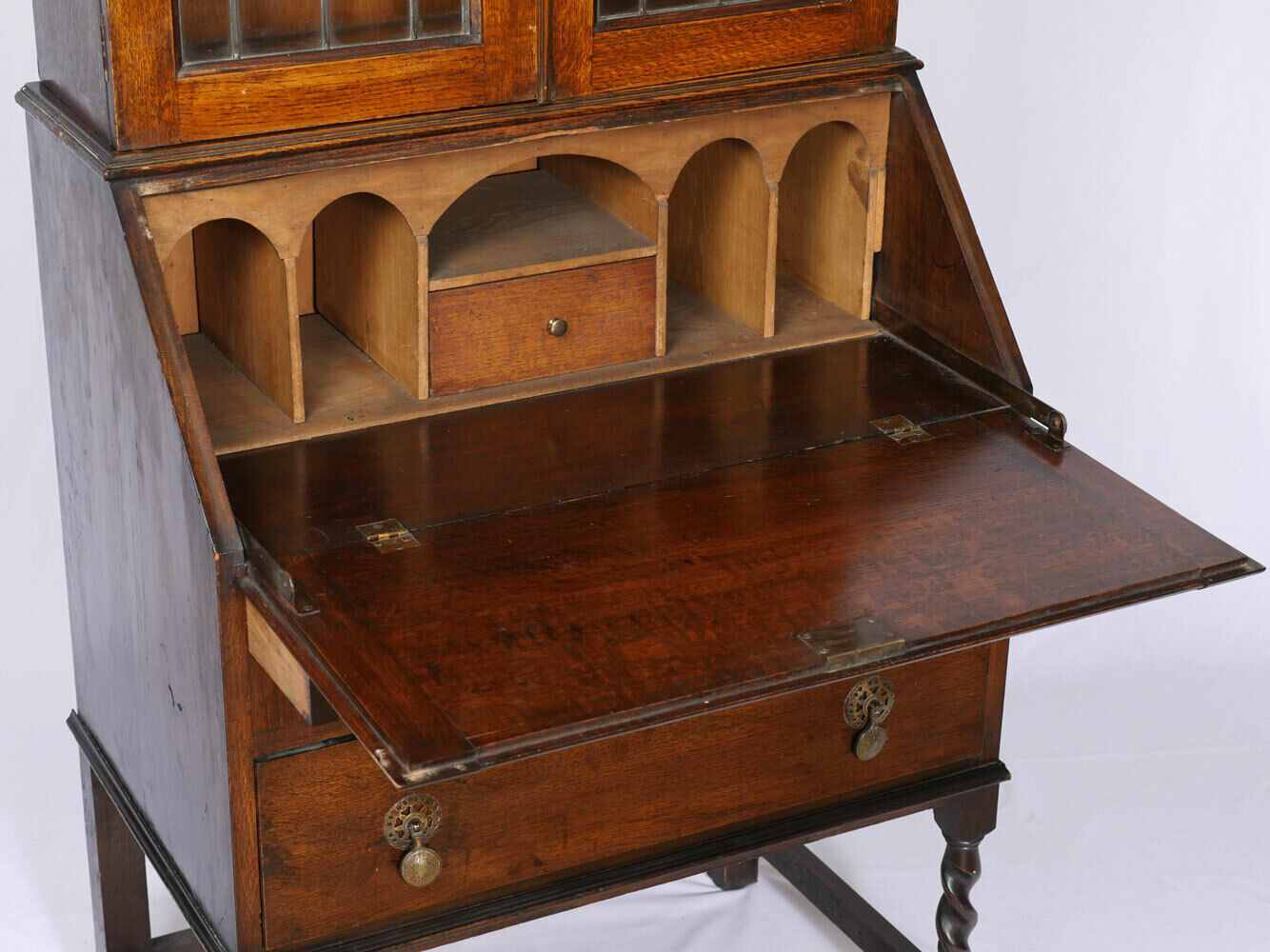 18th / 19th Century English William and Mary Slant Front Desk with Lead Glass Shelves