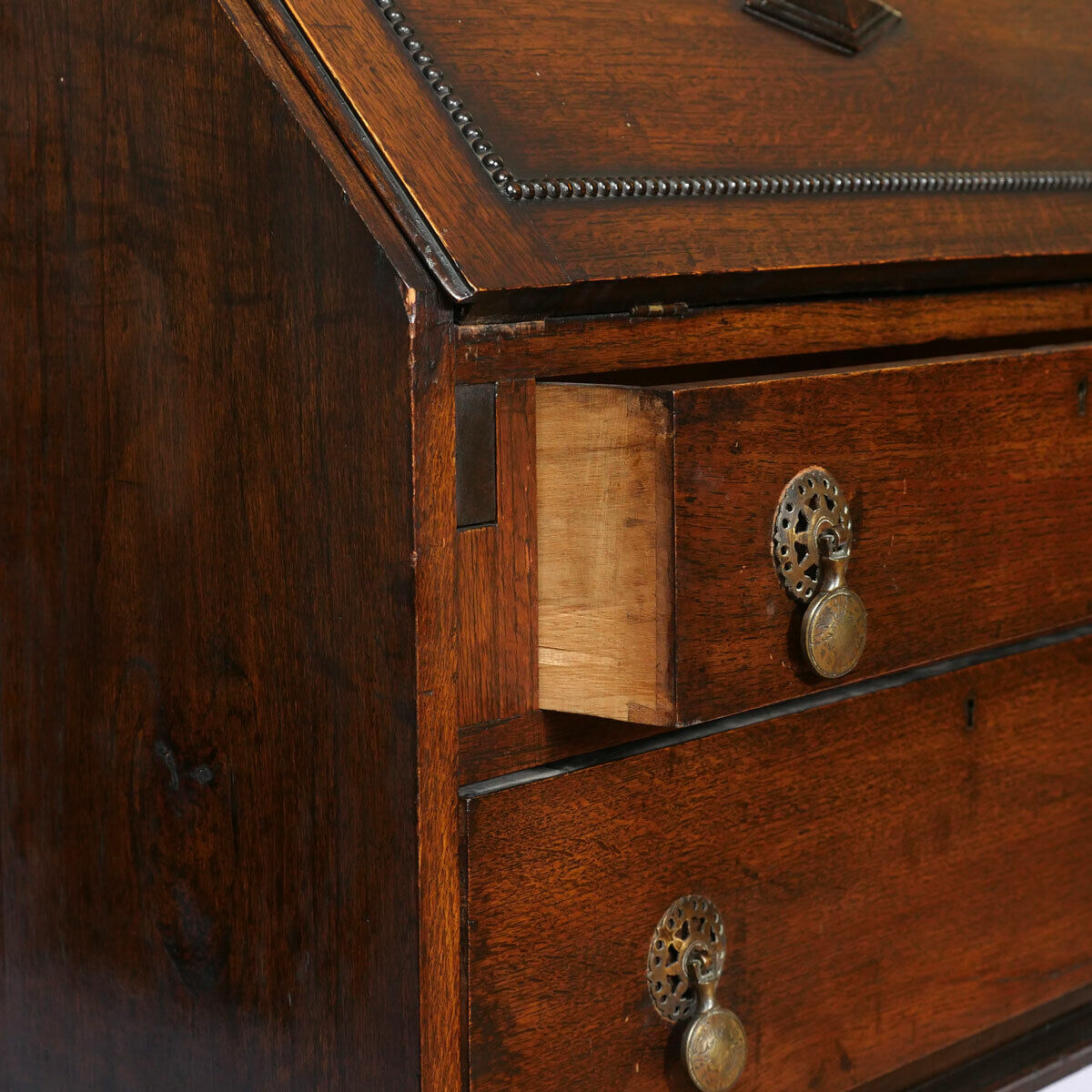 18th / 19th Century English William and Mary Slant Front Desk with Lead Glass Shelves