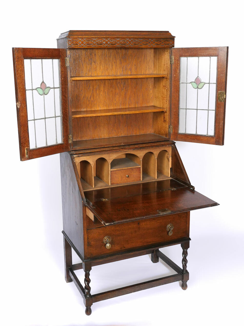 18th / 19th Century English William and Mary Slant Front Desk with Lead Glass Shelves