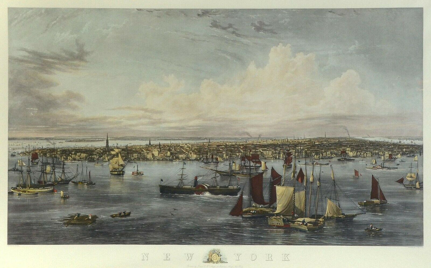 New York City Harbor 1855 HUGE Hand Colored Engraving C. Mottram after J. W. Hill