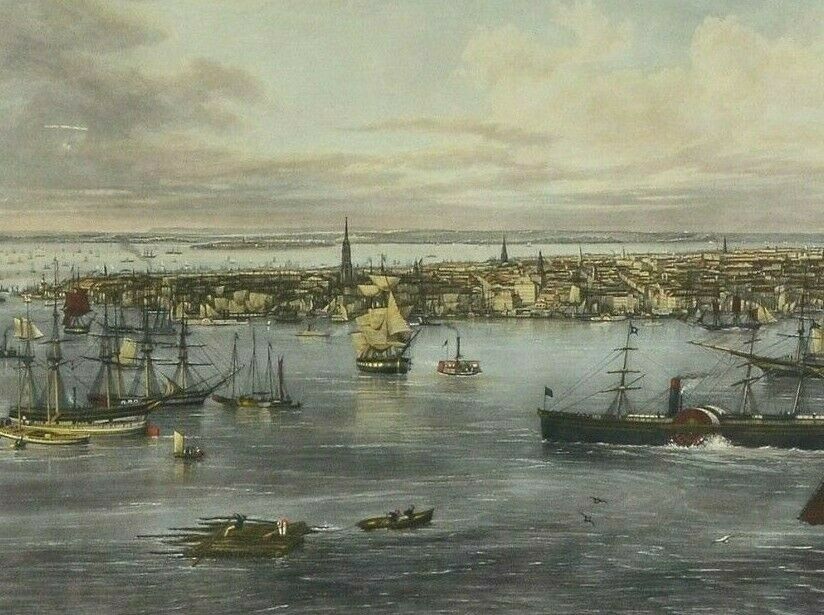 New York City Harbor 1855 HUGE Hand Colored Engraving C. Mottram after J. W. Hill