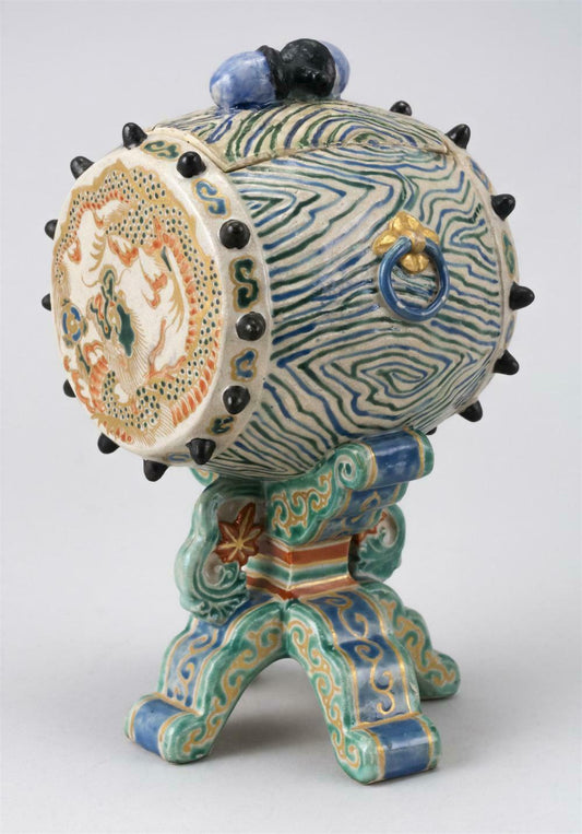 RARE: Japanese Edo Period Kyoto Satsuma Drum Censer Box 8 1/2 Inches in Height