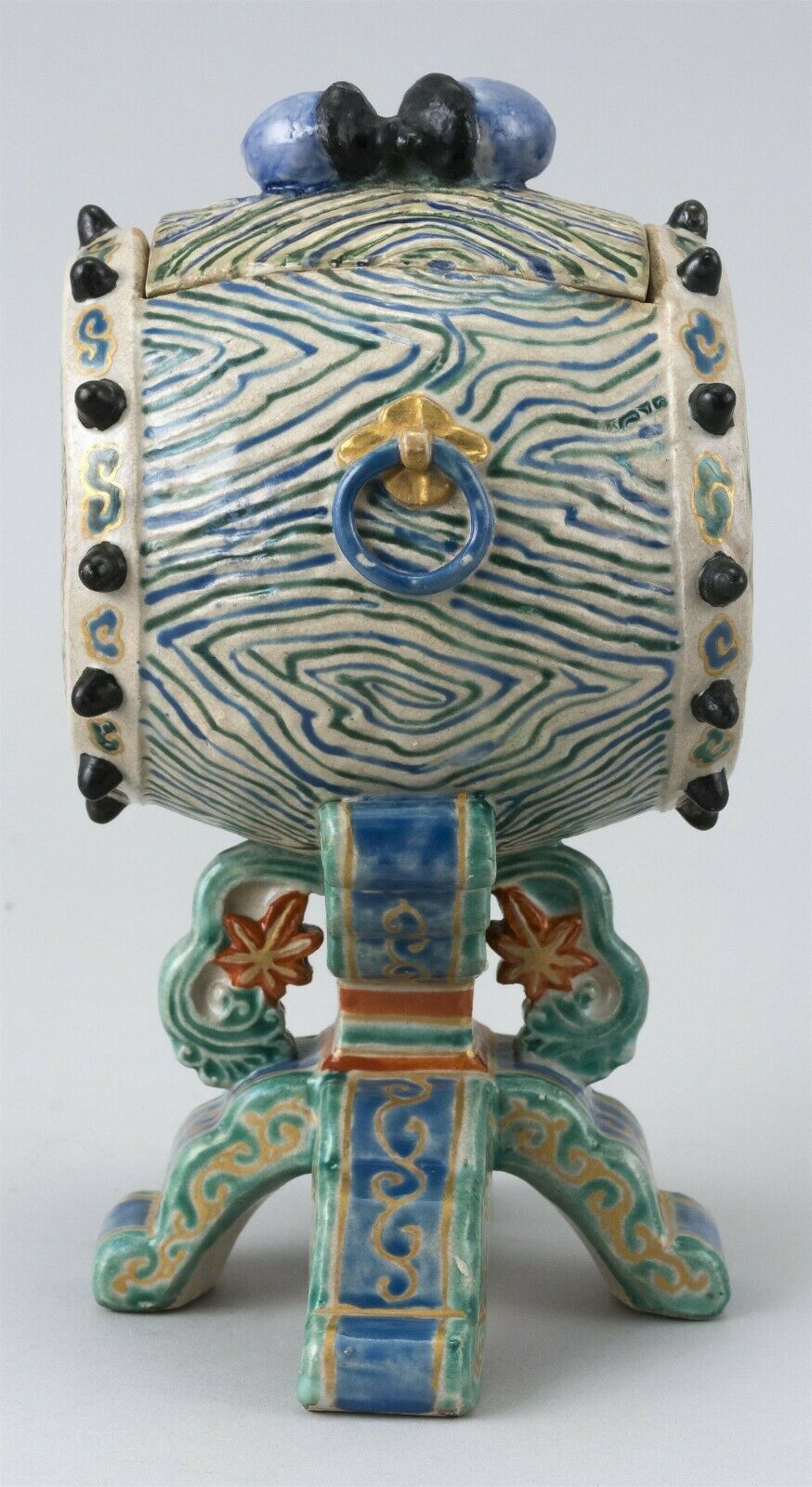 RARE: Japanese Edo Period Kyoto Satsuma Drum Censer Box 8 1/2 Inches in Height