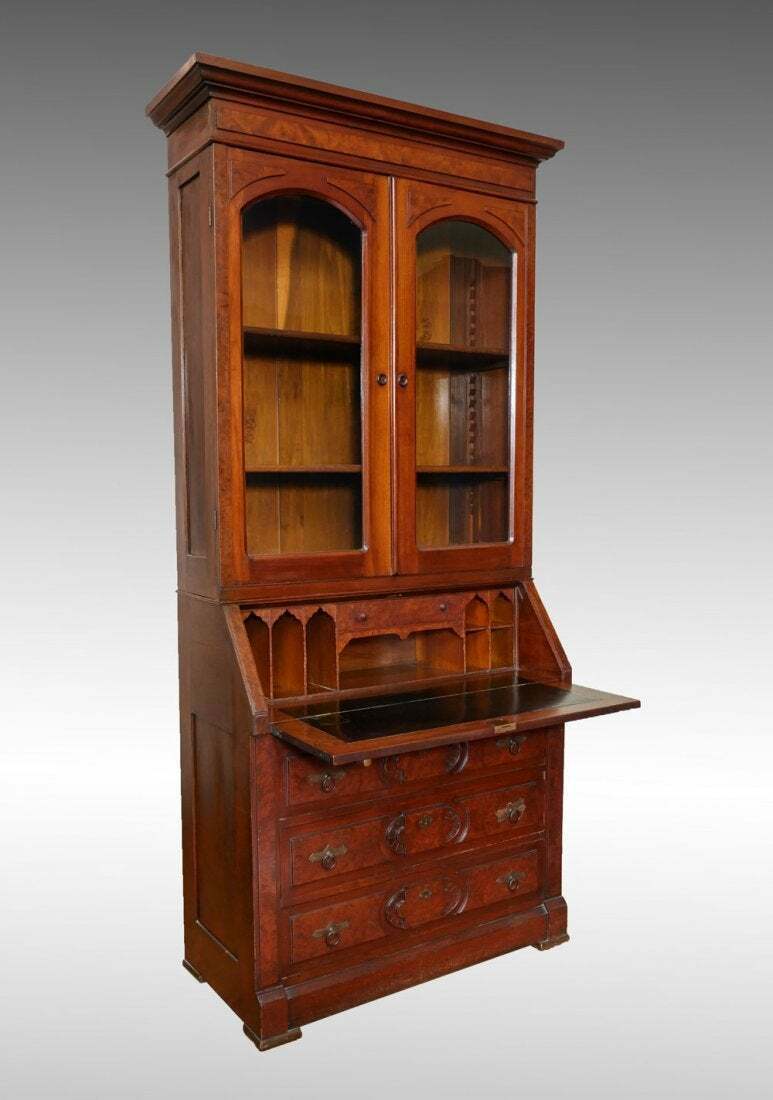 Antique Late 19th Century Burlwood Walnut Accented Drop Front Secretary Desk
