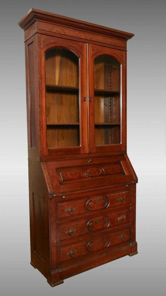 Antique Late 19th Century Burlwood Walnut Accented Drop Front Secretary Desk