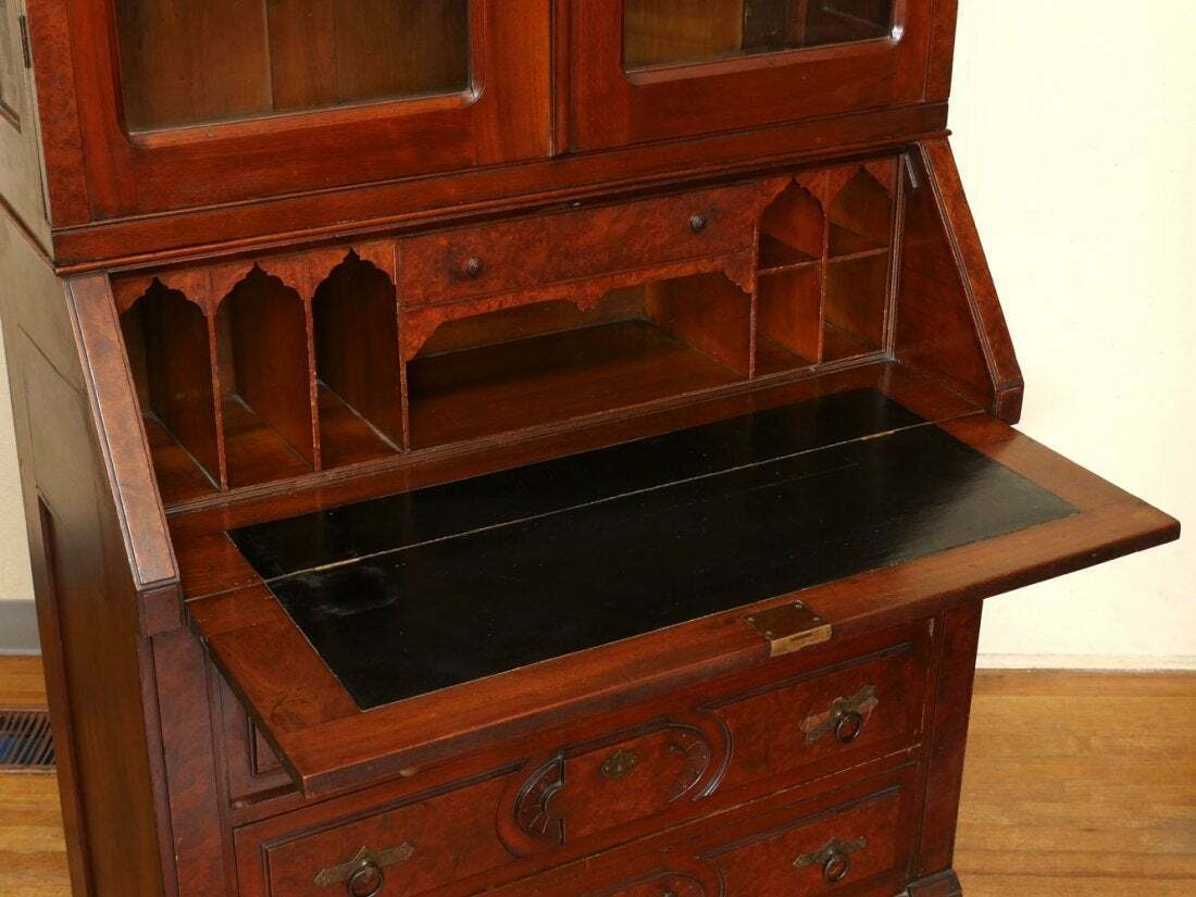 Antique Late 19th Century Burlwood Walnut Accented Drop Front Secretary Desk