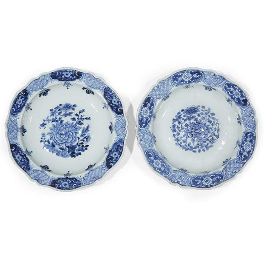 18th C Chinese Export Blue and White Pair of Man Tou Xian Bowls 12" Diameter
