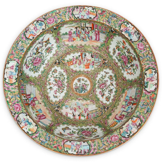 Mid 19th C Chinese Rose Medallion Porcelain Basin Bowl 15 3/4 inch diameter