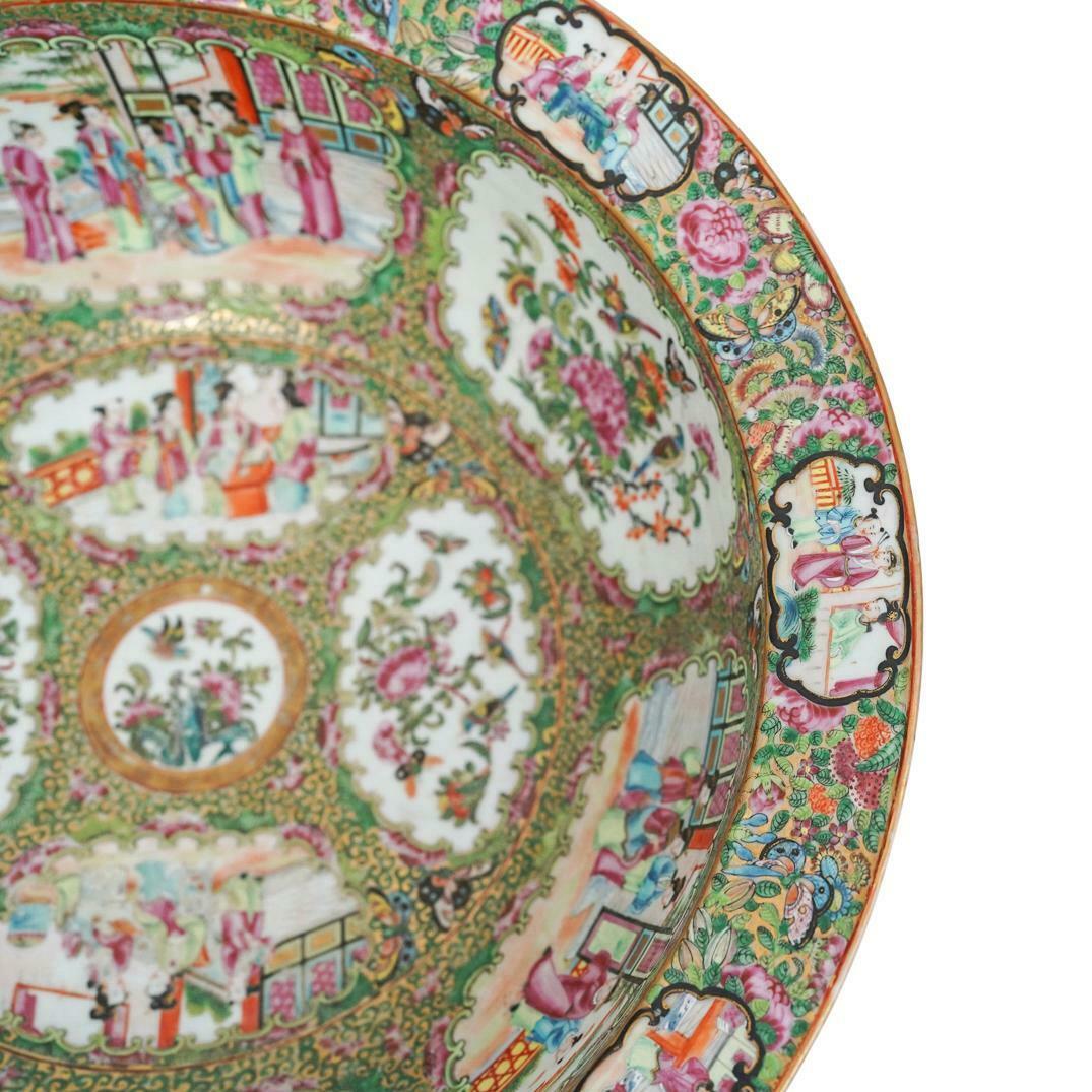 Mid 19th C Chinese Rose Medallion Porcelain Basin Bowl 15 3/4 inch diameter