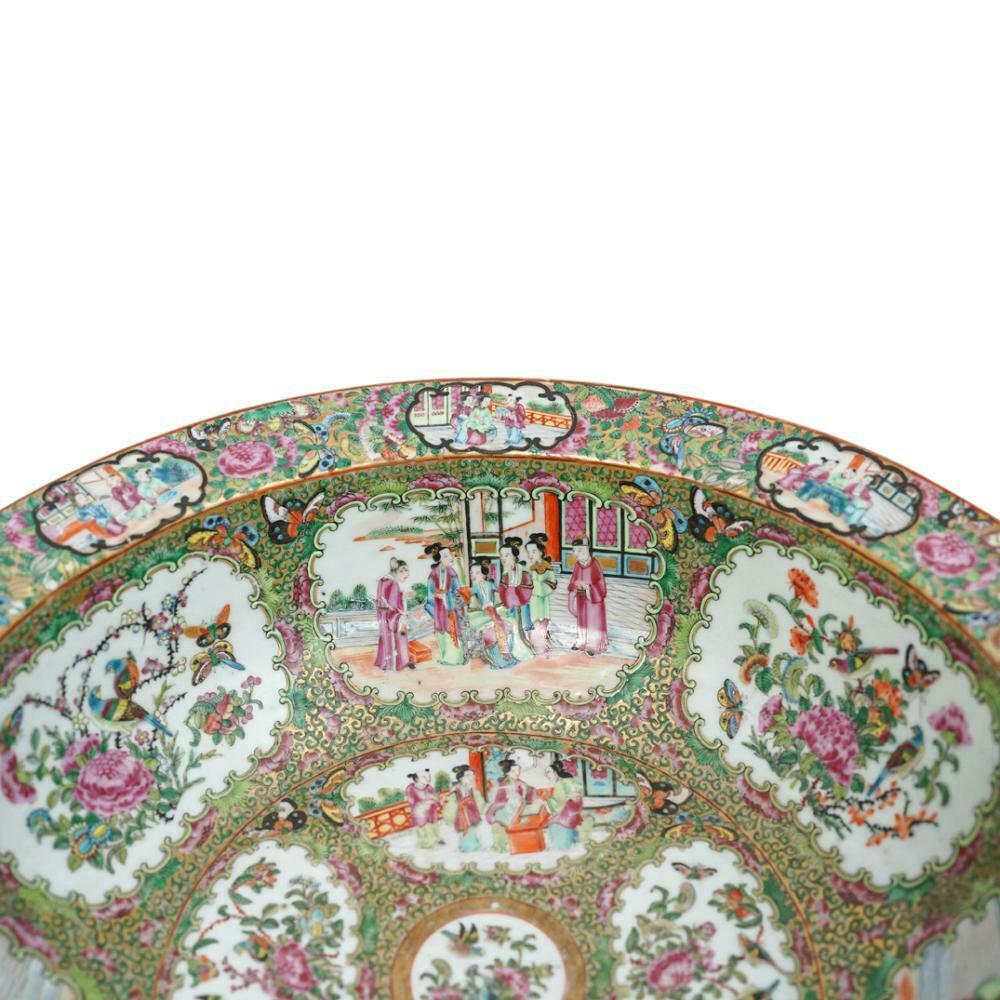 Mid 19th C Chinese Rose Medallion Porcelain Basin Bowl 15 3/4 inch diameter