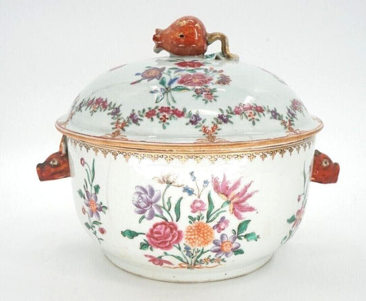 Chinese Export Famille Rose Round Covered Tureen Qianlong 1736-95 Boars Head Handles