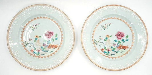 Pair Chinese Export Famille Rose Qianlong Plates 1736-95 11 3/8 Inch Diameter