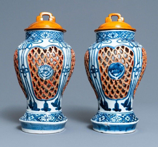 JAPANESE EDO 17/18TH C.PAIR OF ARITA BLUE AND WHITE RETICULATED VASES 12 Inches RARE Circa: 1650-1750