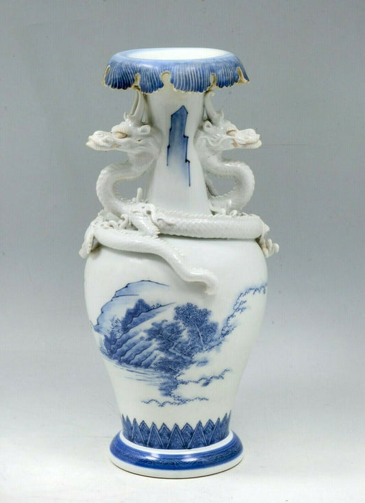 Japanese Antique Hirado Vase Circa 1850 Two Dragons 14 Inches in Height
