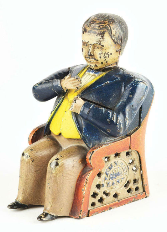 1873 J. & E. Stevens Tammany Hall cast iron mechanical bank with original trap