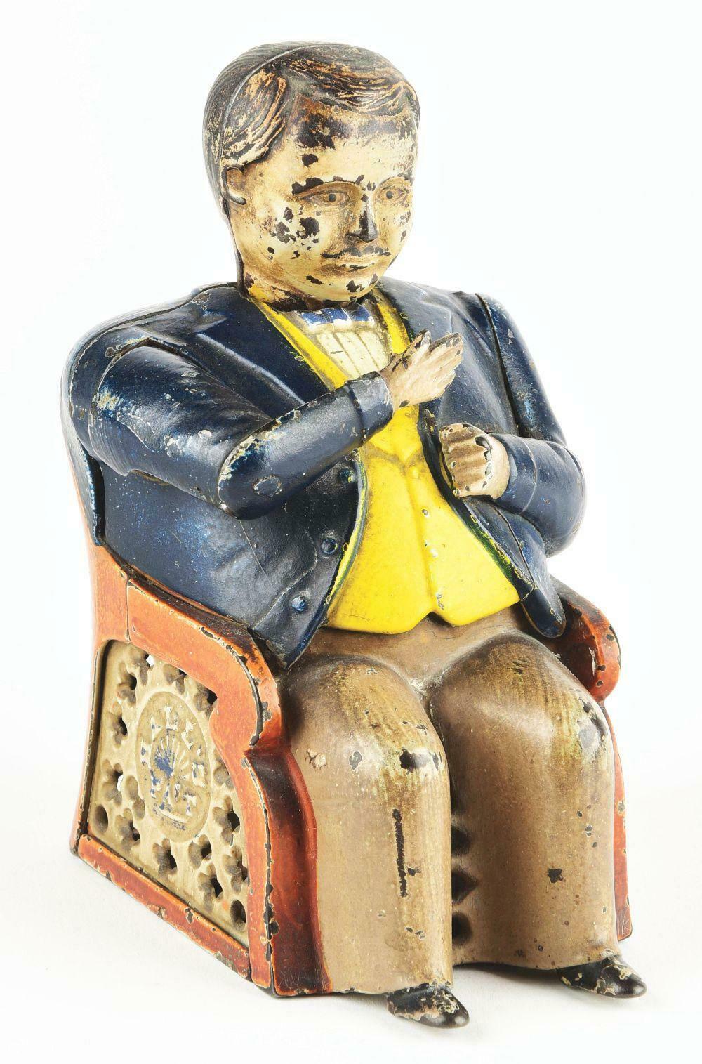 1873 J. & E. Stevens Tammany Hall cast iron mechanical bank with original trap