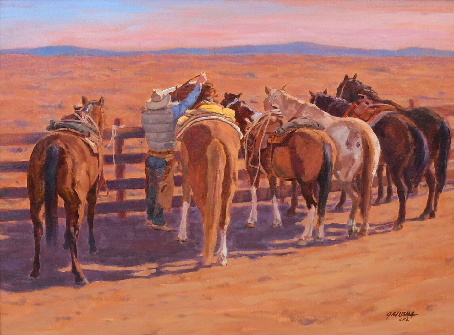 Cowboy "Early Morning Start" by Richard Galusha Western Landscape Oil on Board
