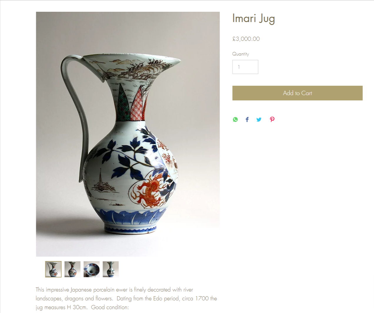 Japanese Edo Imari 18th Century Circa 1700 Pitcher Jug 13 Inches in Height