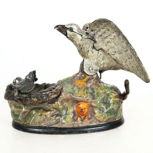 Original Cast Iron Mechanical Bank EAGLE AND EAGLETS J & E Stevens Circa 1888