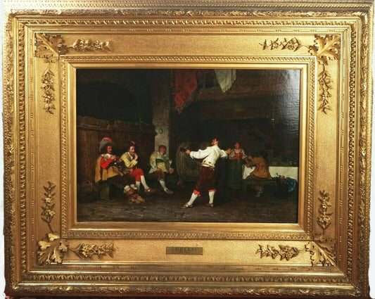 Eduardo Gelli  1852 - 1933 Italian Oil on Canvas "The Song" Tavern Scene Dated 1886