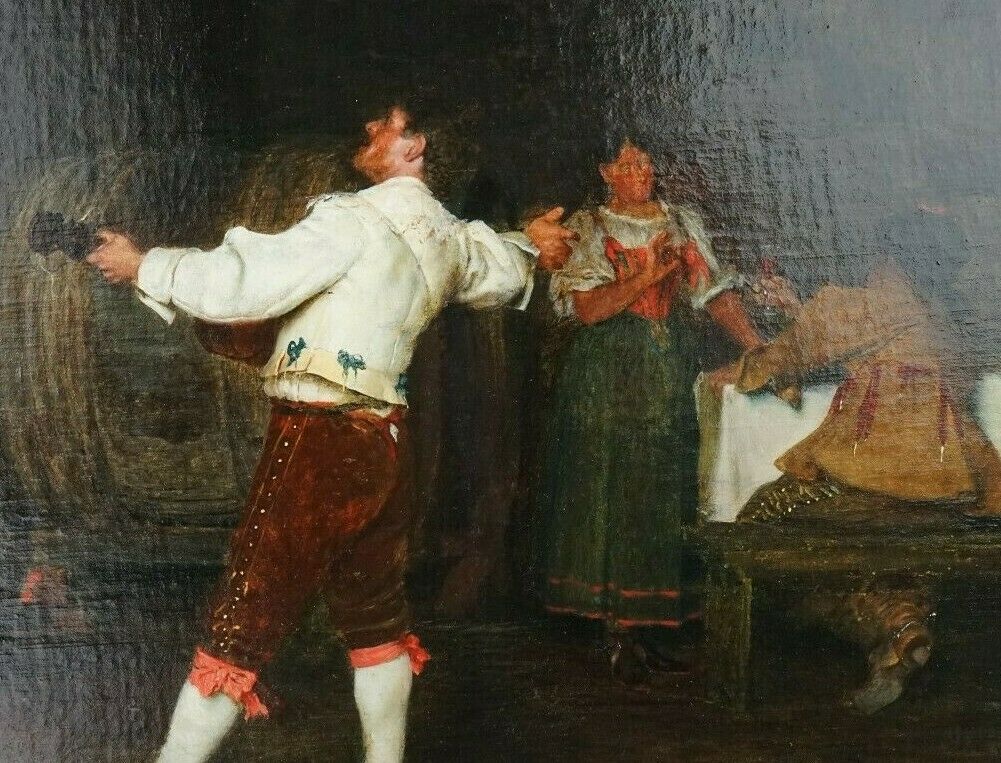 Eduardo Gelli  1852 - 1933 Italian Oil on Canvas "The Song" Tavern Scene Dated 1886
