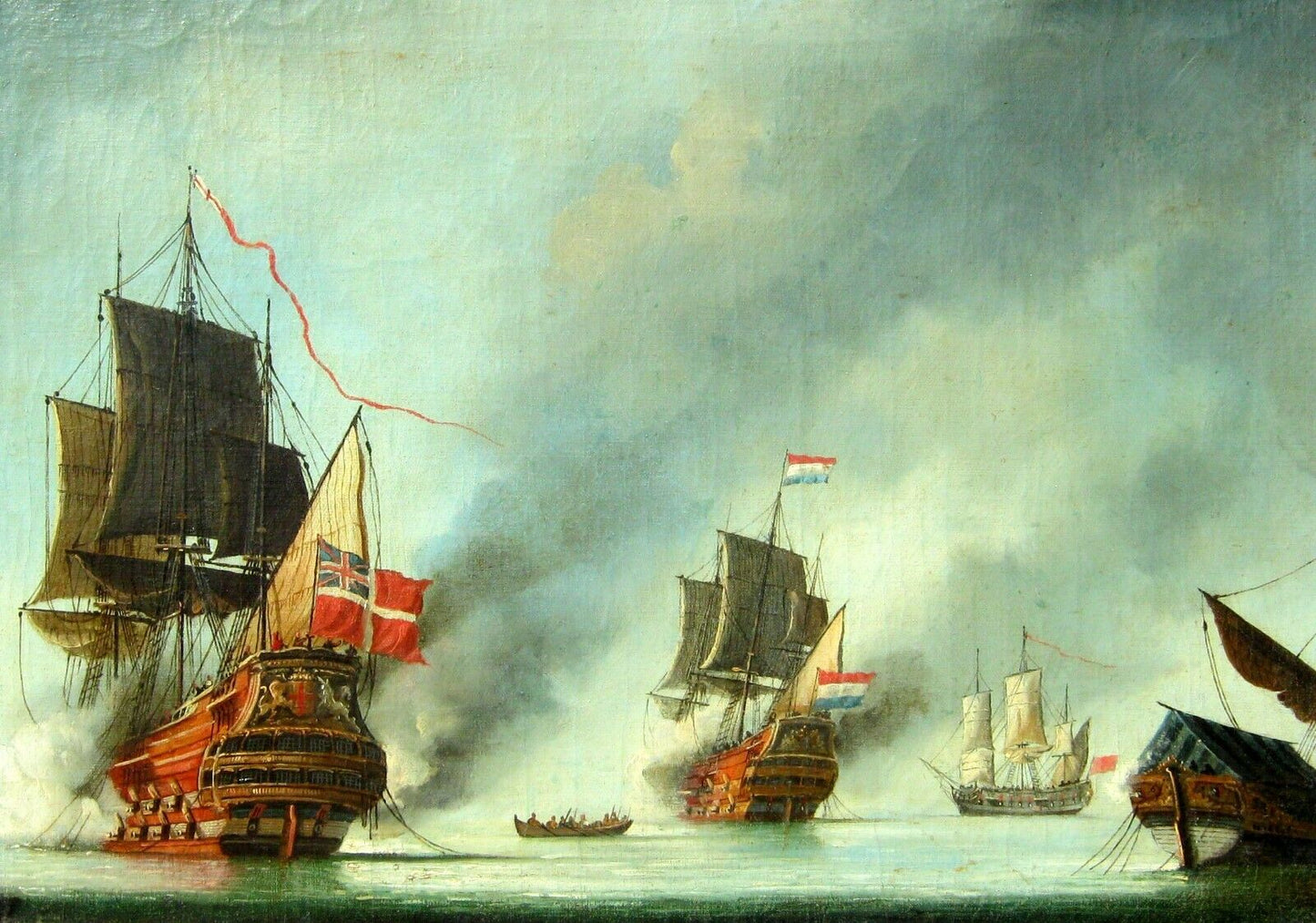 18th - 19th Century Dutch Anglo War Naval Battle Scene Oil on Board