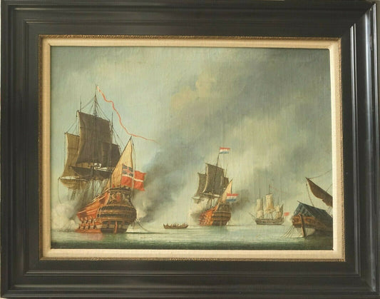 18th - 19th Century Dutch Anglo War Naval Battle Scene Oil on Board