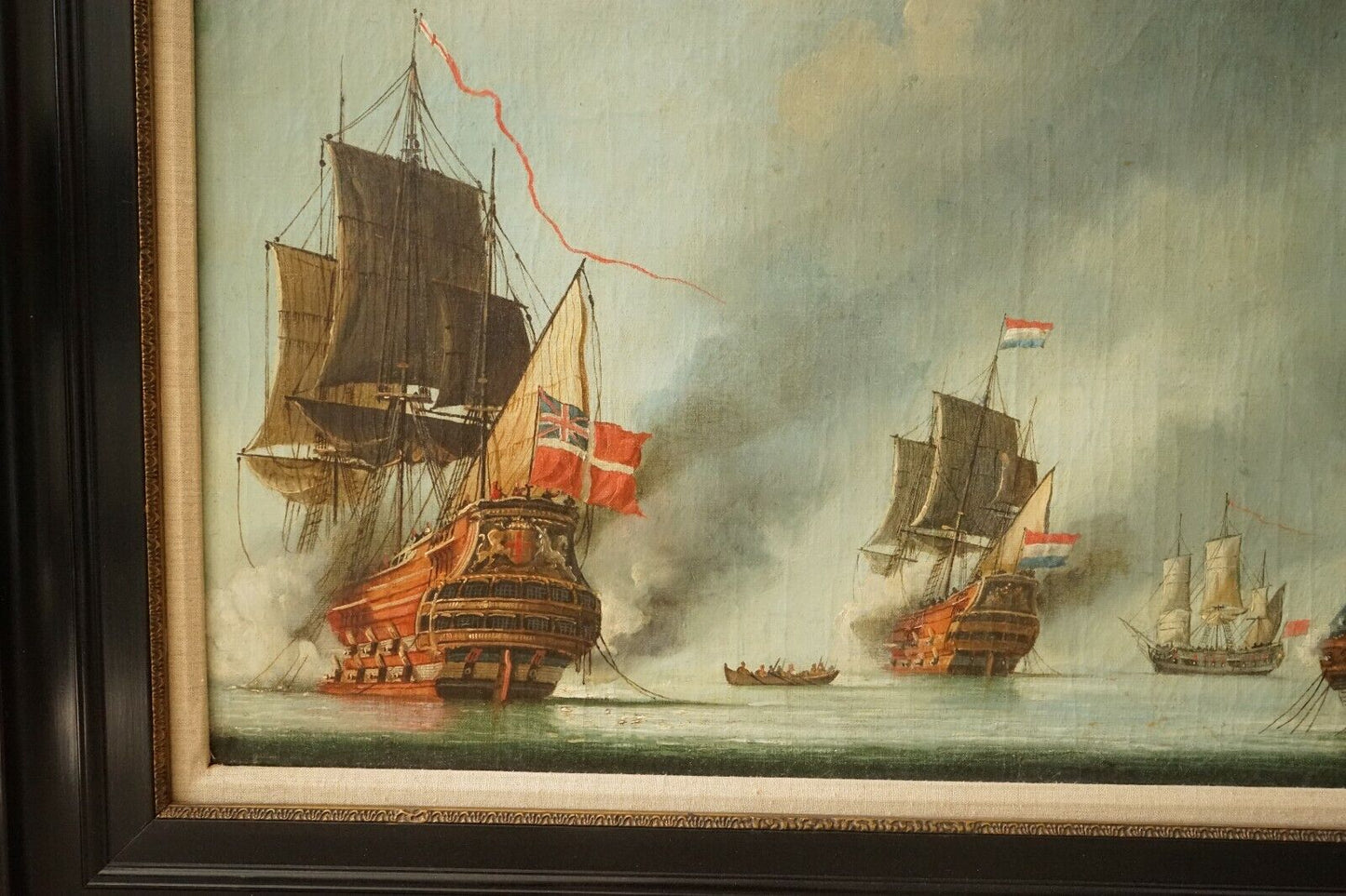 18th - 19th Century Dutch Anglo War Naval Battle Scene Oil on Board
